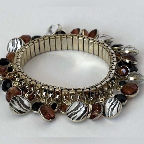 Goldtone Black Amber Zebra Bead Charm Cha Cha Expandable Bracelet Vintage - Picture 5 of 5